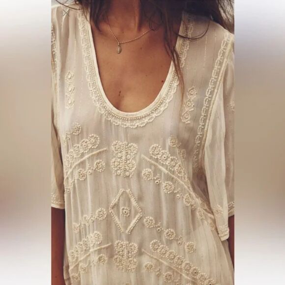 Cream Zara Bead Embellished Embroidered Striped Metallic Thread Blouse Top (NWT) - Picture 2 of 7